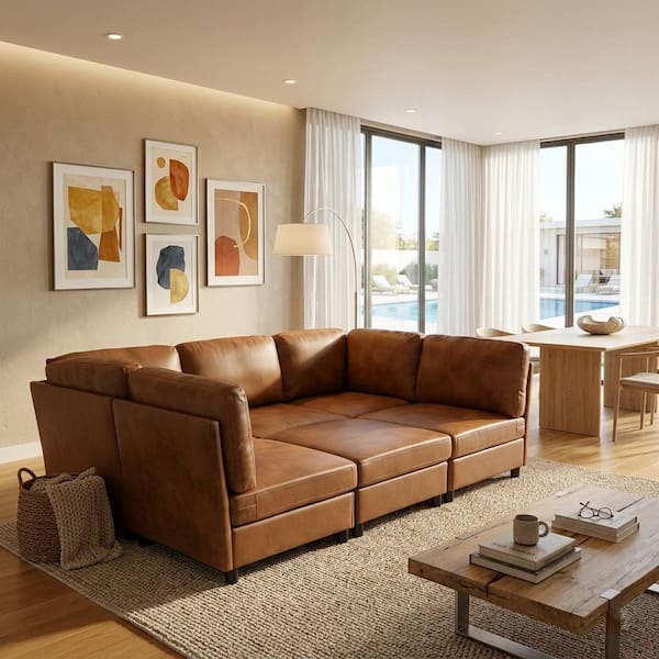 Igor 124 in. Fabric Upholstered Modular Sectional Sofa in Light Brown with 2 Ottomans