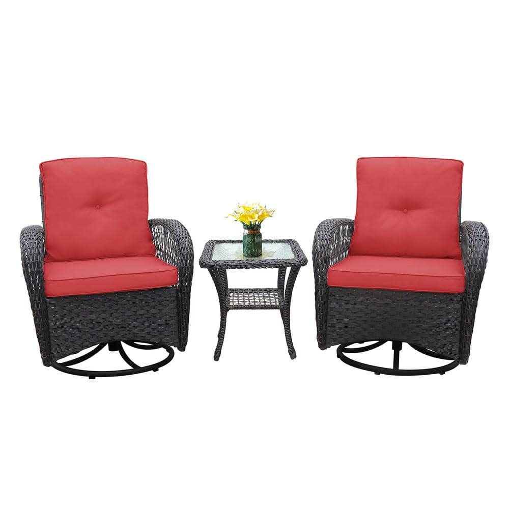 3-Piece Wicker Outdoor Bistro Set Patio Conversation Set with Red Cushion, 