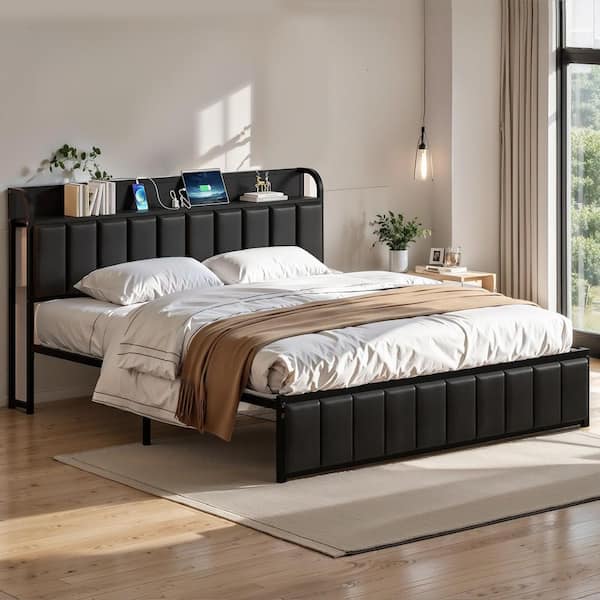 VECELO Queen Bed Frame, Black Metal Frame Platform Bed Upholstered Headboard with Storage Charging Station, Sturdy Metal Slats