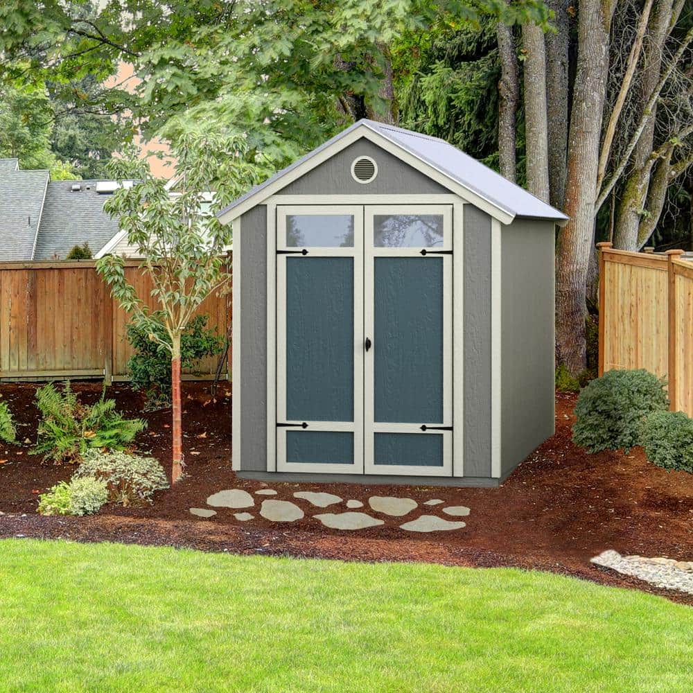 Gray 6' x 8' Wooden Garden Shed with Metal Roof and Shelving