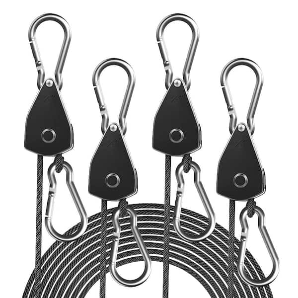 4-Pack 1/8 in Adjustable Ratchet Rope Hangers, 75 lb Capacity per Strap with Metal Gear and Carabiner for Grow