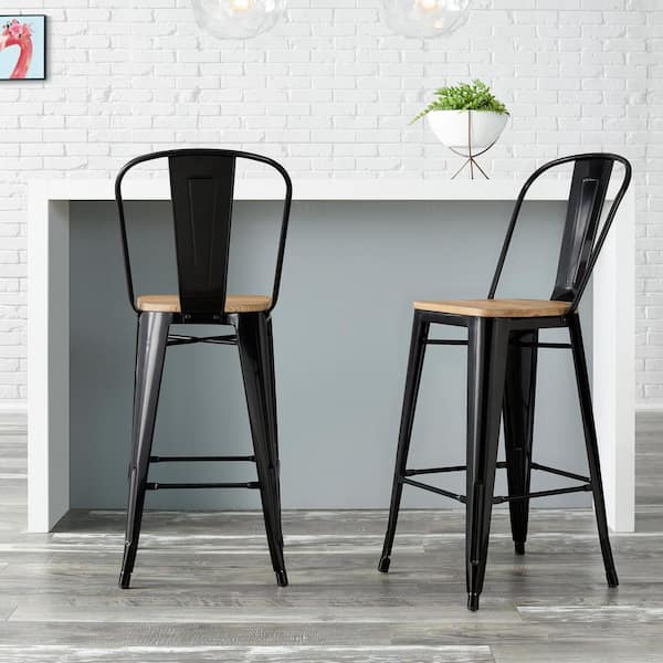 StyleWell Finwick Black Metal Backed Bar Stool with Natural Wood Seat (Set of 2)