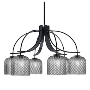 Olympia 19 in. 6-Light Matte Black Downlight Chandelier Smoke Textured Glass Shade