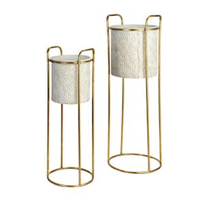 Cream and Gold Metal Round Floor Planters on Stand (2-Pack)