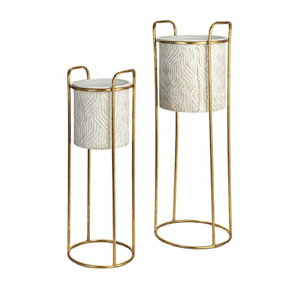 Storied Home Cream and Gold Metal Round Floor Planters on Stand (2-Pack)