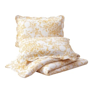 Garden Toile 3-Piece Yellow Reversible Cotton Full/Queen Quilt Set