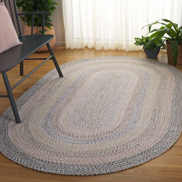 Braided Beige/Light Gray 4 ft. x 6 ft. Machine Washable Faded Striped Oval Area Rug