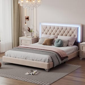 Beige Wood Frame Queen Size Velvet Platform Bed with Tufted Headboard and LED Lights
