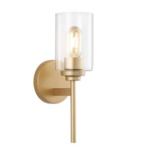 Juno 13 in. 1-Light Brass Gold Farmhouse Industrial Iron Cylinder LED Wall Sconce Vanity Light
