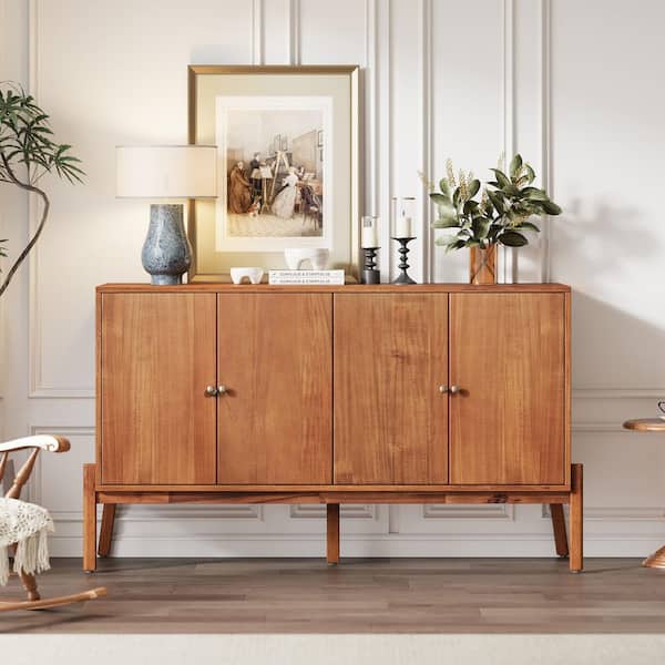 Brown 34.20 in. H Storage Cabinet with Metal Handles and 4 Doors for Dining Room or Living Room