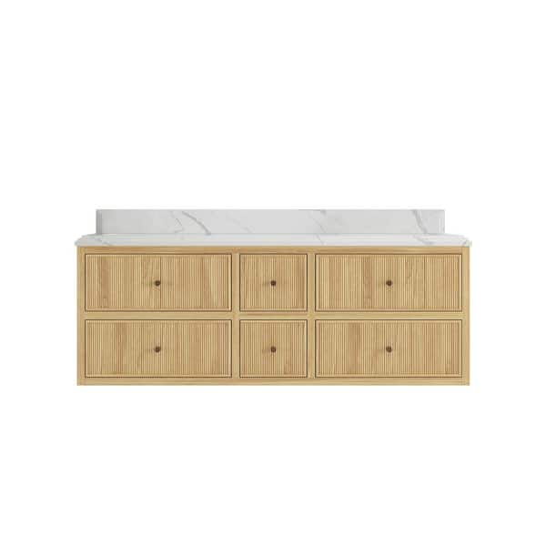 Willow Collections Sonoma Floating 60 in. H Double Sink Freestanding Light Natural Bath Vanity with 1.5 in. Calacatta Qt. Top Unassembled