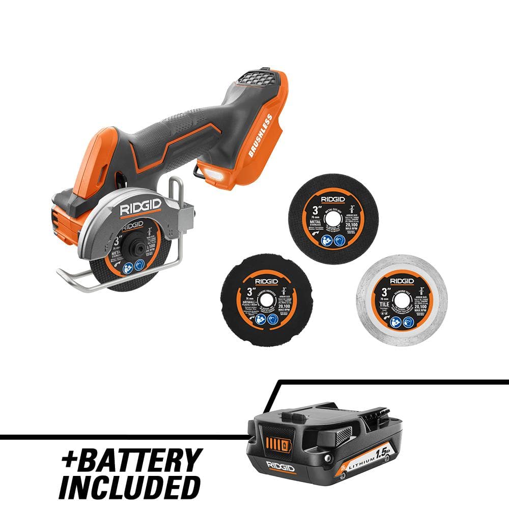 RIDGID 18V SubCompact Brushless Cordless 3 in. Multi-Material Saw with (3) Cutting Wheels and 18V Lithium-Ion 1.5 Ah Battery -  R87547-R870015