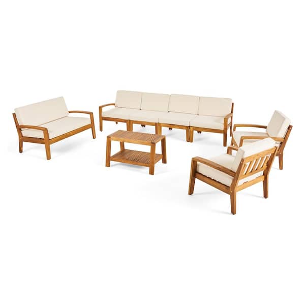 Grenada 8-Piece Wood Patio Conversation Set with Cream Cushions