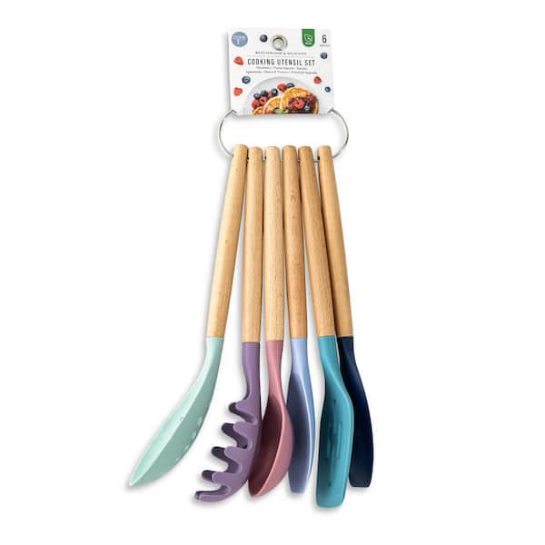 Mixed Color 6 Pieces Beechwood and Silicone Utensil Set