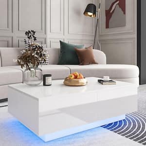 37 in. White LED Rectangle MDF Top Coffee Table with Storage