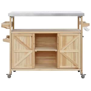 Natural Wooden 50 in. Kitchen Island on Wheels with Stainless Steel Top, Spice Rack, Towel Rack, Outdoor Grill Table