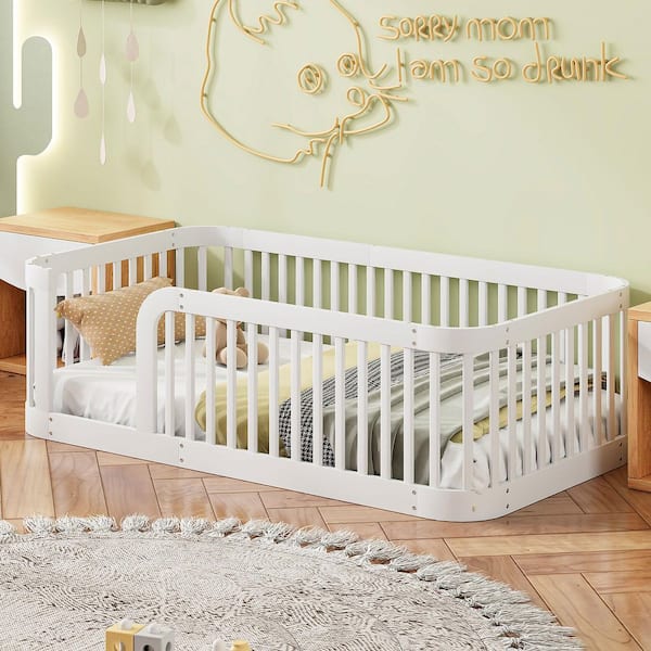 White Wood Frame Twin Size Platform Bed with Fence