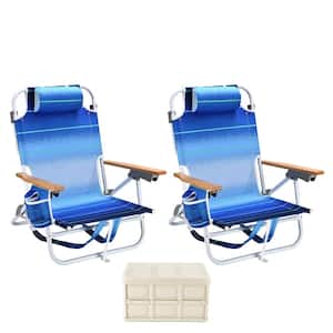 2PCS Blue Backpack Beach Chairs, with pouch folding lightweight positions, with white storage box for Adults Beach towel