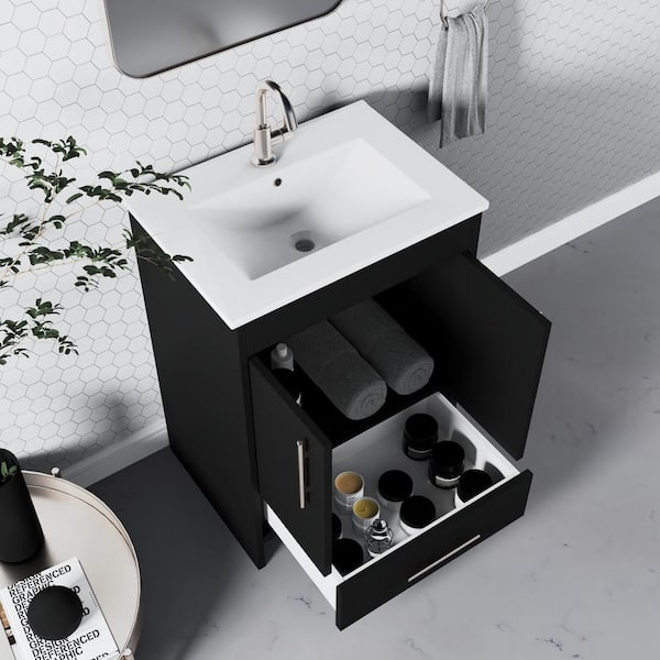 Pacific 24 in. x 18 in. D Bath Vanity in Black with Ceramic Vanity Top in White with White Basin