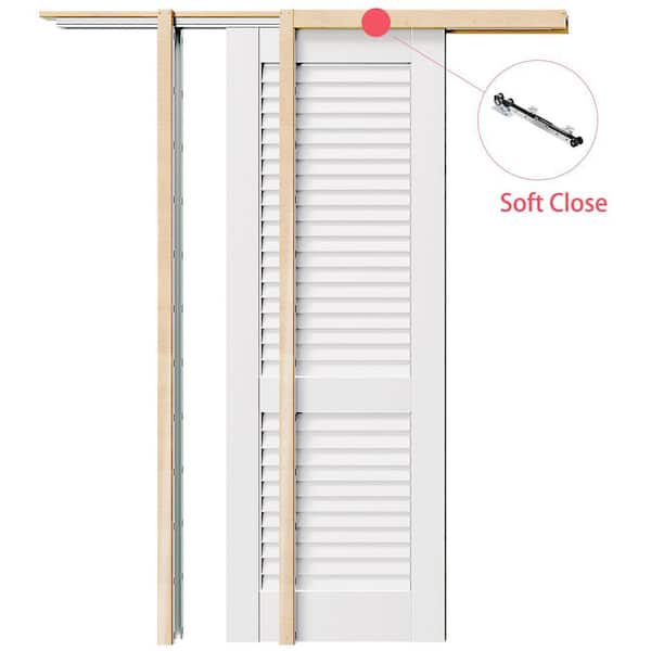 24 in. x 80 in. White Primed Louvered Panel Solid Wood Sliding Pocket Door with Soft Close, Frame and Hardware