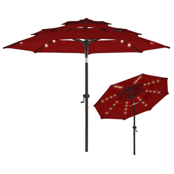 9 ft. 3 Tiers Aluminum Solar Led Market Umbrella Outdoor Patio Umbrella with Tilt and 32 LED Lights in Burgundy