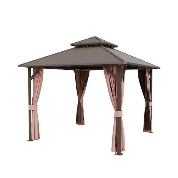 10 ft. x 12 ft. Double Galvanized Steel Roof Aluminum Frame Outdoor Patio Hardtop Gazebo with Netting and Curtains