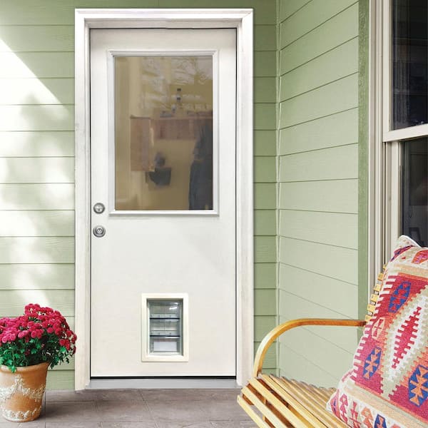32 in. x 80 in. Reliant Series Clear Half Lite RHIS White Primed Fiberglass Prehung Back Door with Med Pet Door