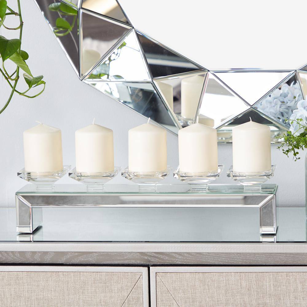 Silver Wood 5-Plate Candlestick Holder with Mirrored Base