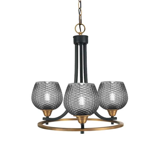 Madison 17.25 in. 3-Light Matte Black and Brass Chandelier Light with 6 in. Smoke Glass Shades, No Bulbs Included
