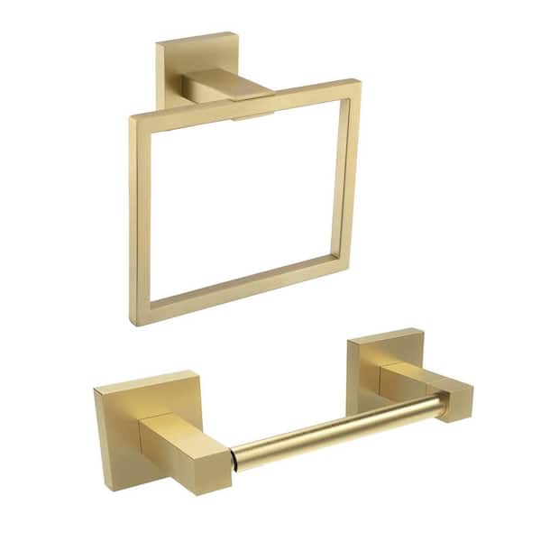 Bath Hardware Set 2-Piece Toilet Paper Holder, Towel Ring Wall Mounted Bathroom Accessories Set in Brushed Gold