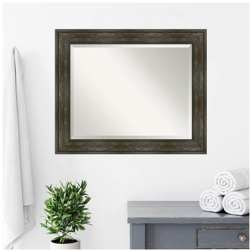 Rail Rustic Char Rectangular Bronze and Silver Bathroom Mirror 34 x 28 in