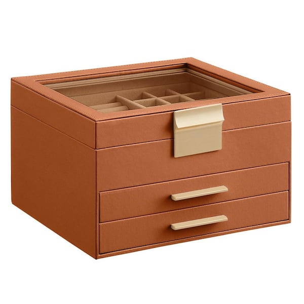 Unbranded Jewelry Box Organizer with Glass Lid, 3-Layer Storage, 2 Drawers, Caramel Brown and Gold, 8 in. x 9.1 in. x 5.3 in.