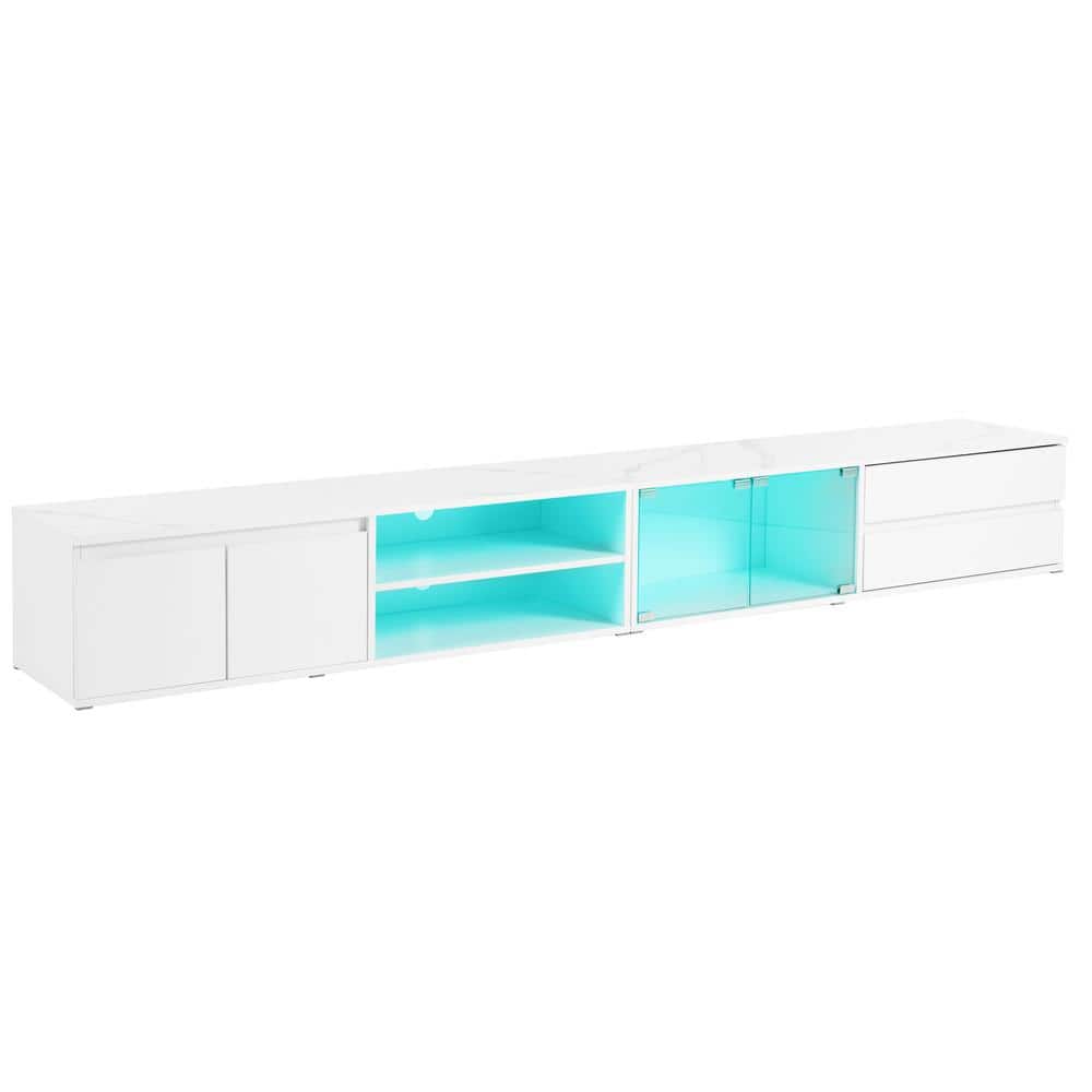 White LED TV Stand Faux Marble Tabletop Media Console Entertainment Center 