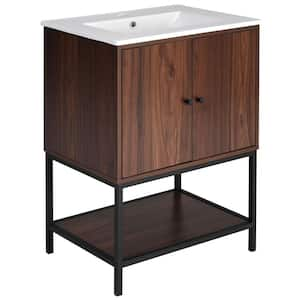 24 in. W x 18.1 in. D x 33.8 in. H Single Bathroom Vanity in Walnut with White Ceramic Top and 2-Soft Close Doors