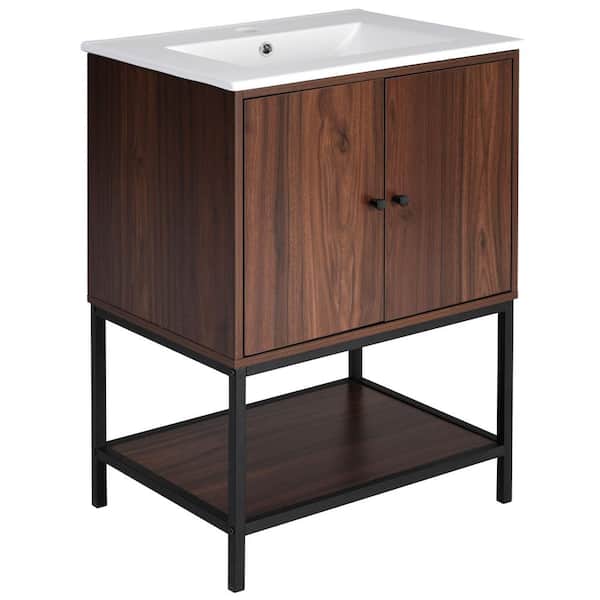 Lycvki 24 in. W x 18.1 in. D x 33.8 in. H Single Bathroom Vanity in Walnut with White Ceramic Top and 2-Soft Close Doors