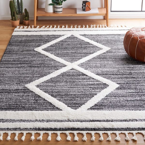 Moroccan Tassel Shag 8 ft. x 10 ft. Black/Ivory Border High-Low Diamond Area Rug