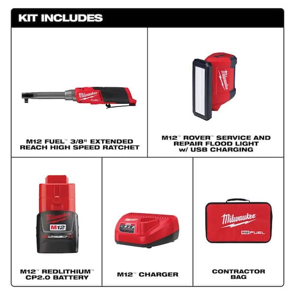 M12 FUEL 12V Lithium-Ion Brushless 3/8 in. Extended Reach High Speed Cordless Ratchet Kit & M12 Light