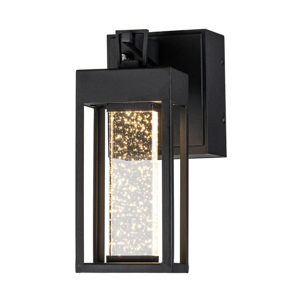 Matte Black Metal LED Outdoor Lantern Sconce with Seeded Glass