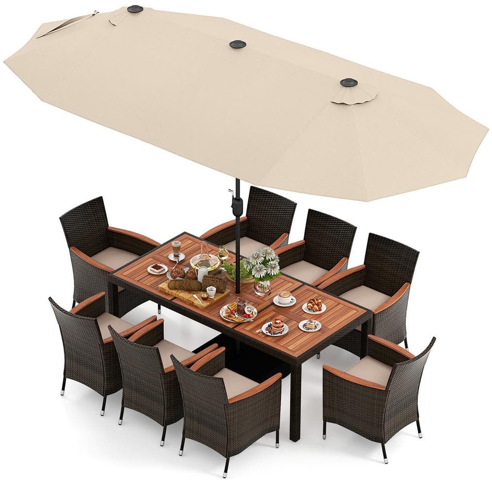 Gymax Mix Brown 9-Piece Wicker Outdoor Dining Set with Beige Cushions and Double-Sided Patio Beige Umbrella Stackable Chairs
