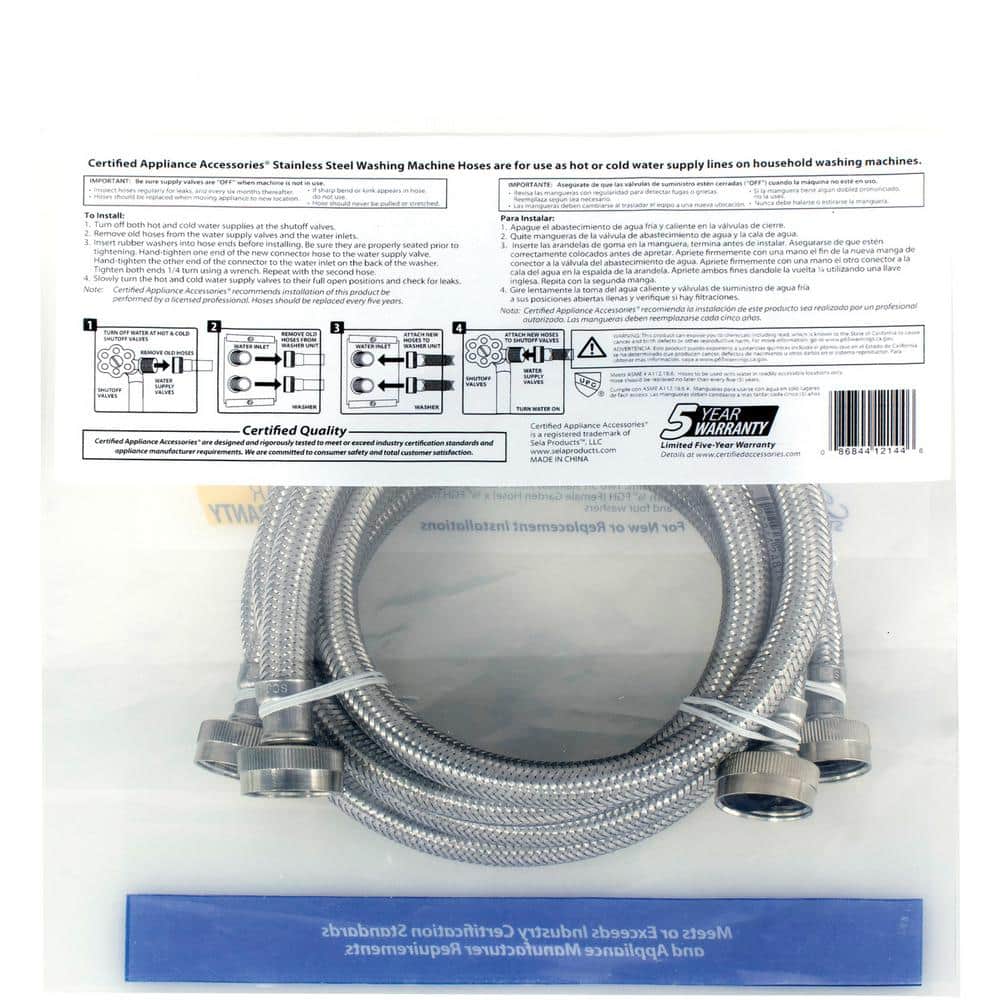 5ft Braided Stainless Steel Washing Machine Hoses, 2 Pack