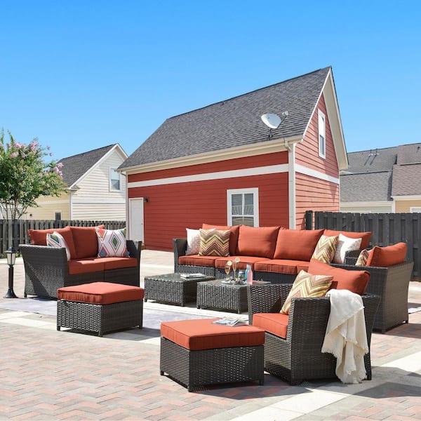 HOOOWOOO Norman Brown 12-Piece Wicker Outdoor Patio Conversation Seating Sofa Set with Orange Red Cushions, No Assembly Required