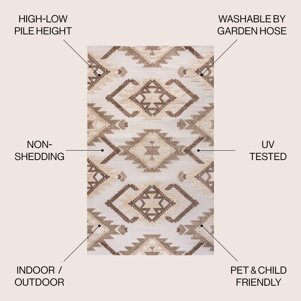 Ivory and Brown Geometric Synthetic 4' x 6' Indoor/Outdoor Rug
