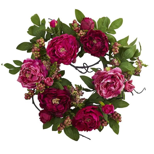Nearly Natural Peony and Berry 20 in. Artificial Wreath