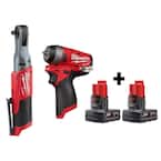 M12 FUEL 12-Volt Lithium-Ion Brushless Cordless 3/8 in. Ratchet and 1/4 in. Impact Wrench with Two 3.0 Ah Batteries