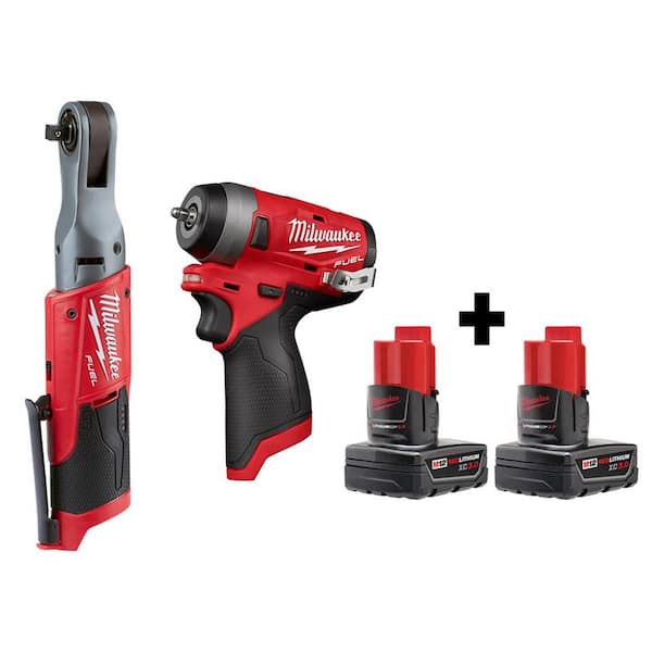 Milwaukee M12 FUEL 12V Lithium-Ion Brushless Cordless 3/8 in. Ratchet and 1/4 in. Impact Wrench with Two 3.0 Ah Batteries