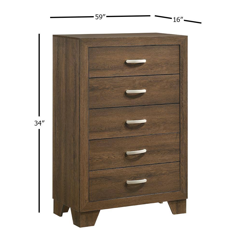 32" Brown Oak 5-Drawer Chest with Metal Handles