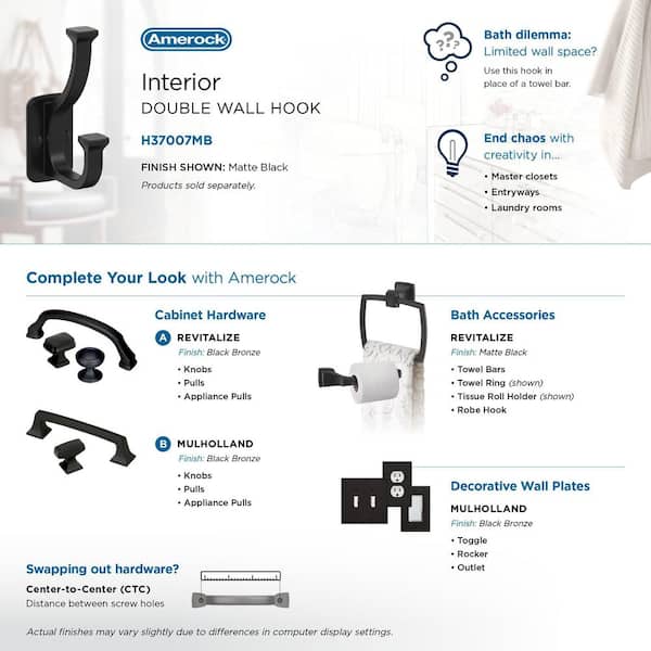 Amerock H55451MB | Noble Double Prong Decorative Wall Hook | Matte Black  Hook for Coats, Hats, Backpacks, Bags | Hooks for Bathroom, Bedroom,  Closet