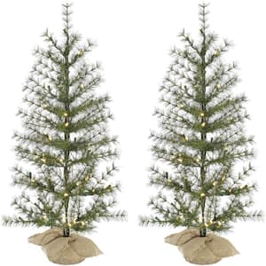 3 ft. Pre-Lit Farmhouse Fir Artificial Christmas Tree with Burlap Bag and Warm White LED Lights, (Set of 2)