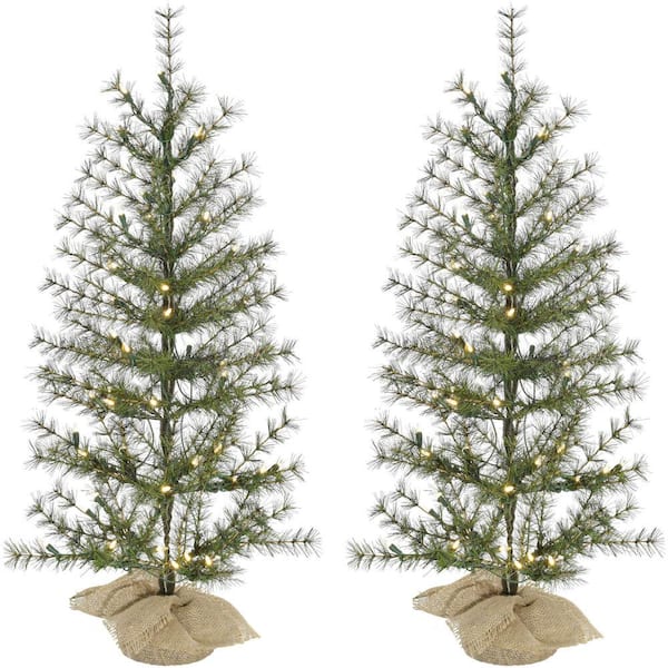 Fraser Hill Farm 3 ft. Pre-Lit Farmhouse Fir Artificial Christmas Tree with Burlap Bag and Warm White LED Lights, (Set of 2)