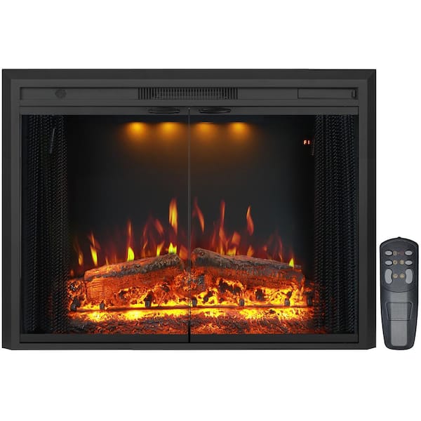 33 in. Electric Fireplace Inserts, 3-Flames and Top Light Colors, Fire Crackling Sound Glass Door and Mesh Screen, Black